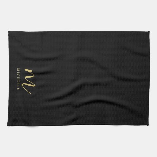 Zwarte & Gouden Tekst Naam Slanke Script Monogram Theedoek (Horizontaal)