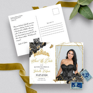 Zwarte & Gouden Tiara Quinceañera Foto Ansichtkaar Briefkaart