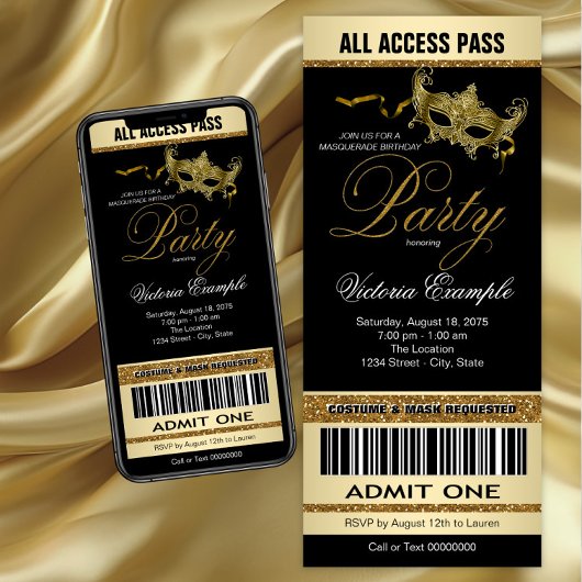Zwarte Gouden Ticket Stijl Masquerade Feest Kaart