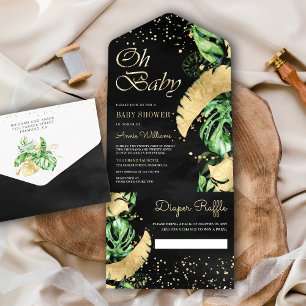 Zwarte Gouden Tropische Monstera Palm Baby Shower All In One Uitnodiging