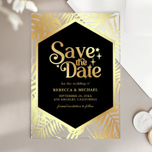 Zwarte Gouden Tropische Palm Trouw Save the Date Acryl Uitnodigingen