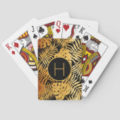 Zwarte gouden tropische palmbladeren monogram pokerkaarten (Achterkant)