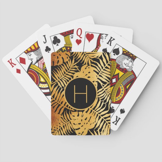 Zwarte gouden tropische palmbladeren monogram pokerkaarten (Achterkant)