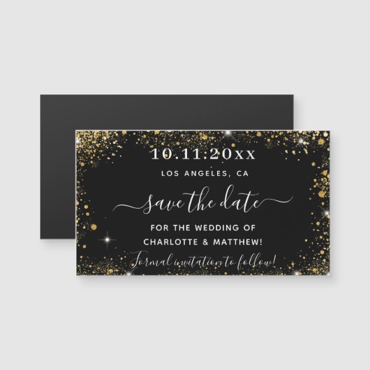 Zwarte gouden trouw save the date magneet (Voorkant / Achterkant)
