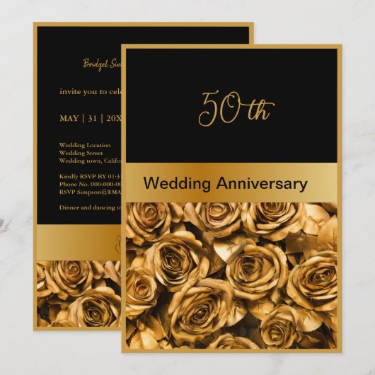 Zwarte gouden trouwdag kaart 50 jaar (Voorkant / Achterkant)