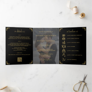 Zwarte Gouden Trouwfoto Elegante QR-code Gatefold Drieluik Uitnodiging