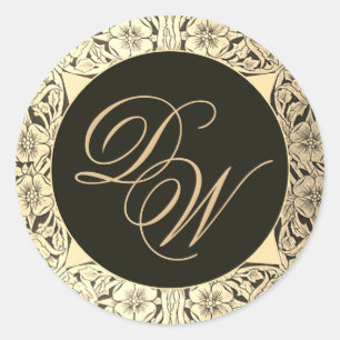 Zwarte gouden trouwmonogram vintage elegante bloem ronde sticker