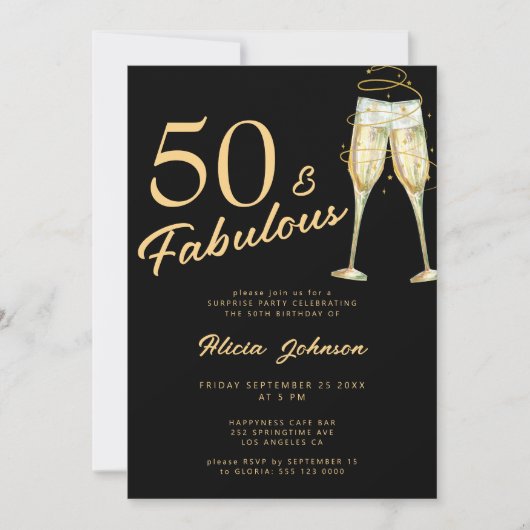 Zwarte gouden typografie vijftig fantastische 50st kaart (Voorkant)