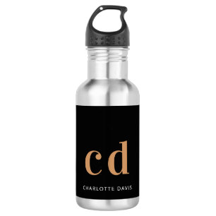 Zwarte gouden vetgedrukte monogram initiaal naam waterfles 