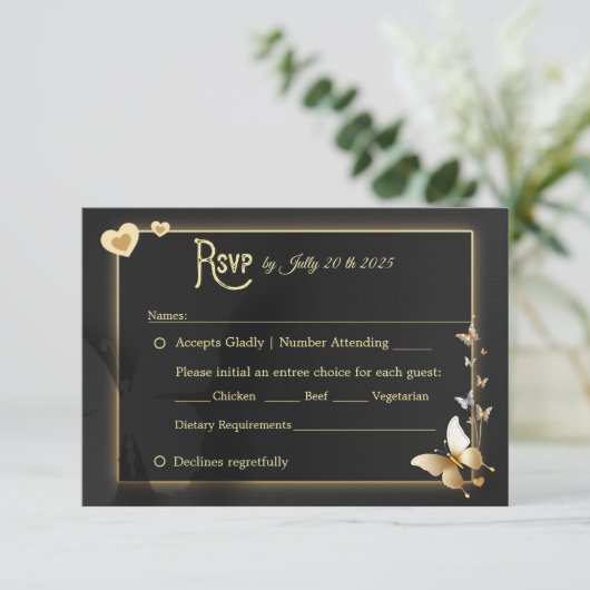 Zwarte gouden vlinders RSVP Kaartje (Staand voorkant)