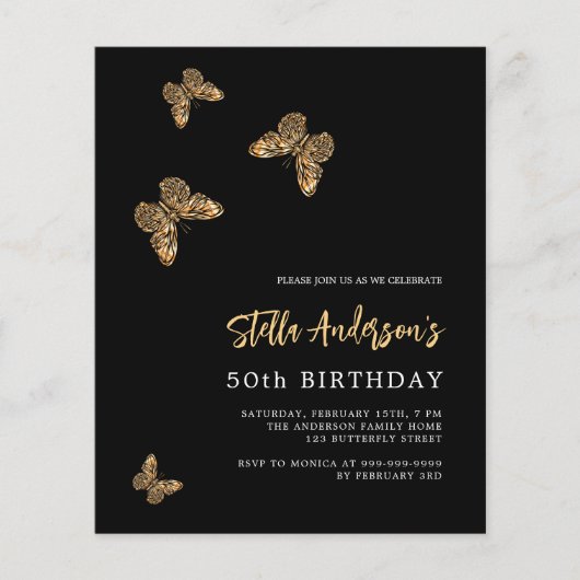 Zwarte gouden vlinders uitnodiging voor verjaardag (Voorkant)