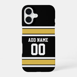 Zwarte gouden voetbalshirt met eigen naam en numme iPhone 16 hoesje
