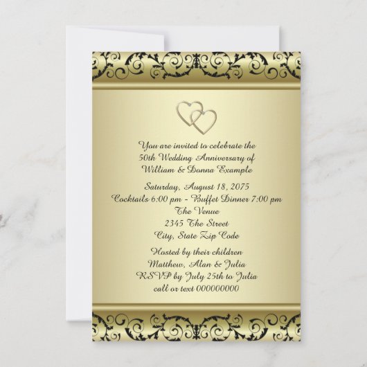 Zwarte Gouden Werveling 50-jarig Huwelijksjubileum Kaart (Achterkant)