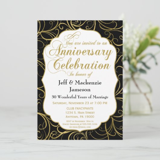 Zwarte Gouden Werveling Jubileum Uitnodiging Elega (Staand voorkant)