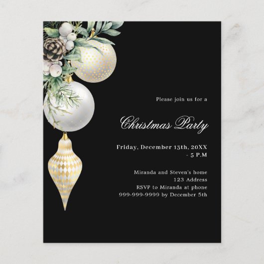 Zwarte gouden witte bauble kerstfeest uitnodiging (Voorkant)