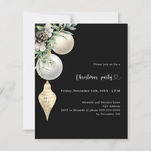 Zwarte gouden witte kerstbal Kerstfeest uitnodigin (Voorkant)