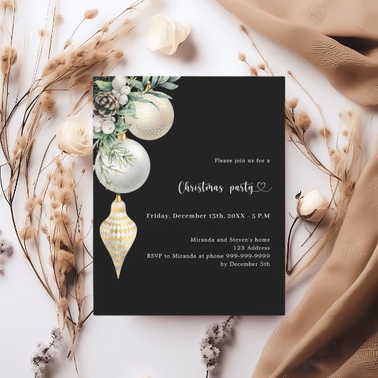 Zwarte gouden witte kerstbal Kerstfeest uitnodigin