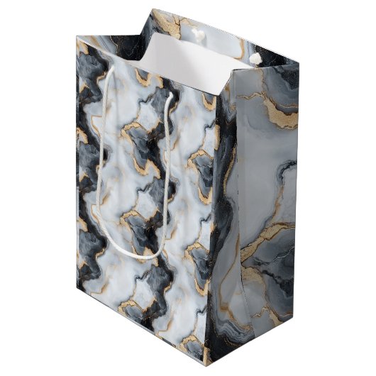 Zwarte, Gouden & Witte Marmer Print Ontwerper Cade Medium Cadeauzakje (Voorkant Gekanteld)