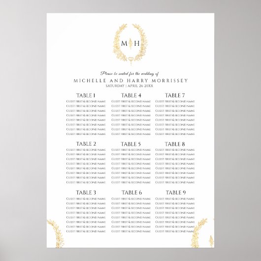 Zwarte gouden witte ovale krans bruiloft zitplaats poster (Voorkant)