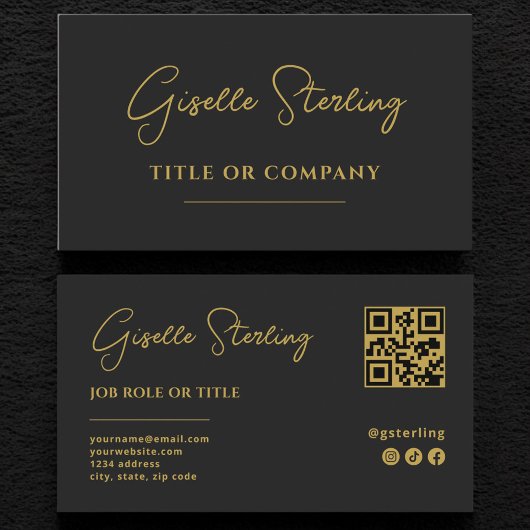Zwarte & Gouden Zakelijke Bedrijfs Script QR Code Visitekaartje