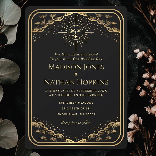 Zwarte Gouden Zon Maan Tarot Kaart Huwelijksuitnod