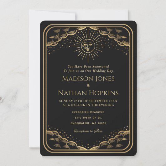 Zwarte Gouden Zon Maan Tarot Kaart Huwelijksuitnod (Voorkant)