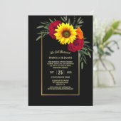 Zwarte Gouden Zonnebloem Rozen Trouwreceptie Kaart (Staand voorkant)