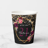 Zwarte goudfloralen glitter bogungger papieren bekers (Achterkant)