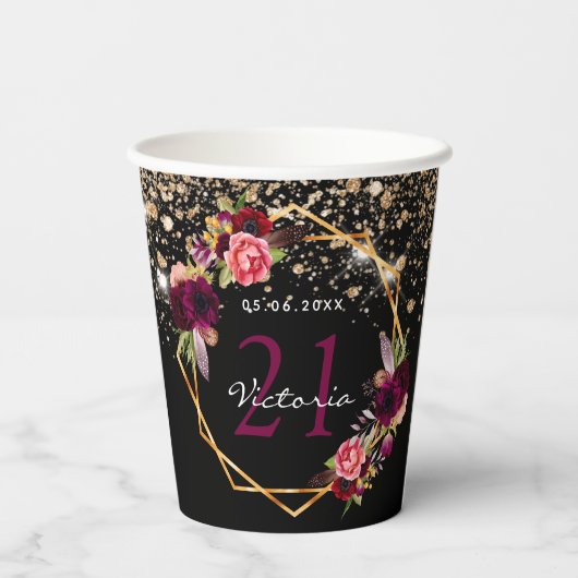 Zwarte goudfloralen glitter bogungger papieren bekers (Achterkant)
