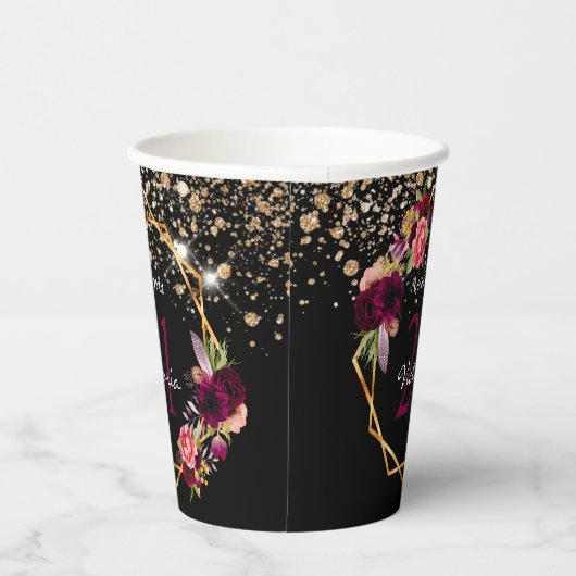 Zwarte goudfloralen glitter bogungger papieren bekers (Rechts)
