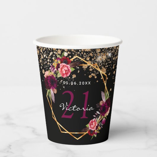 Zwarte goudfloralen glitter bogungger papieren bekers (Voorkant)