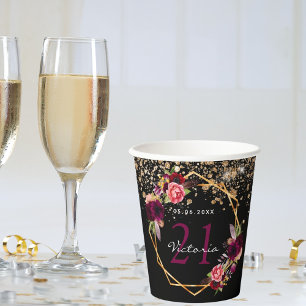 Zwarte goudfloralen glitter bogungger papieren bekers