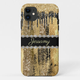 Zwarte goudglitter Bling Driving Diamond Naam Case-Mate iPhone Case