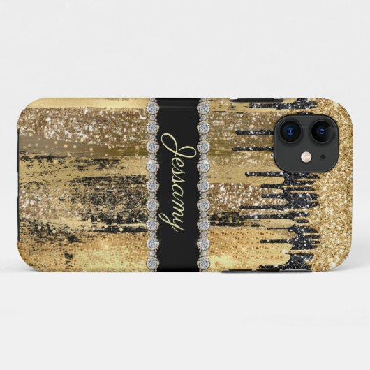 Zwarte goudglitter Bling Driving Diamond Naam Case-Mate iPhone Case (Achterkant (horizontaal))