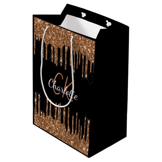 Zwarte goudglitter drift monogram luxe medium cadeauzakje (Achterkant Gekanteld)