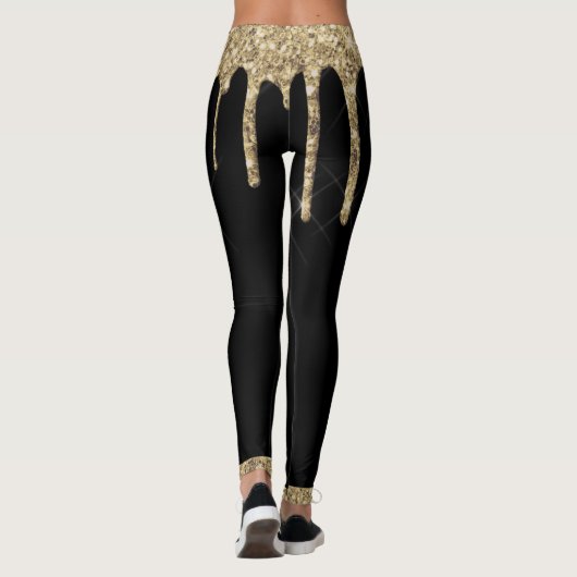 Zwarte goudglitter drip-chic, aangepaste naam leggings (Achterkant)