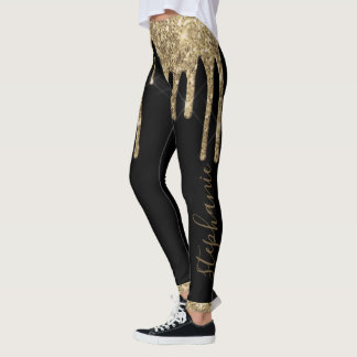 Zwarte goudglitter drip-chic, aangepaste naam leggings