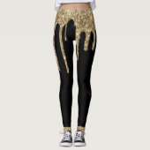 Zwarte goudglitter drip-chic, aangepaste naam leggings (Voorkant)