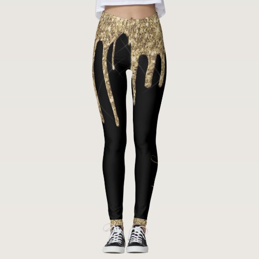 Zwarte goudglitter drip-chic, aangepaste naam leggings (Voorkant)