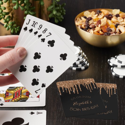 Zwarte goudglitter dript monogram op feestdag pokerkaarten (Insitu)