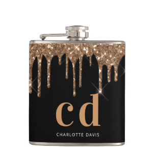 Zwarte goudglitter druppelt monogram glans heupfles