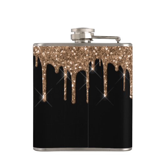 Zwarte goudglitter druppelt monogram glans heupfles (Achterkant)