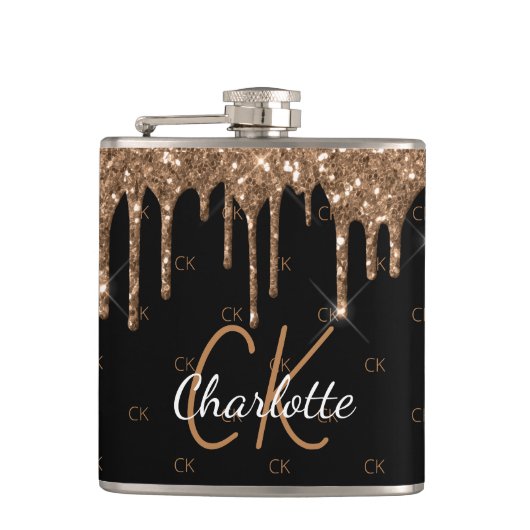 Zwarte goudglitter druppelt monogram glans heupfles (Voorkant)