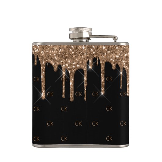 Zwarte goudglitter druppelt monogram glans heupfles (Achterkant)