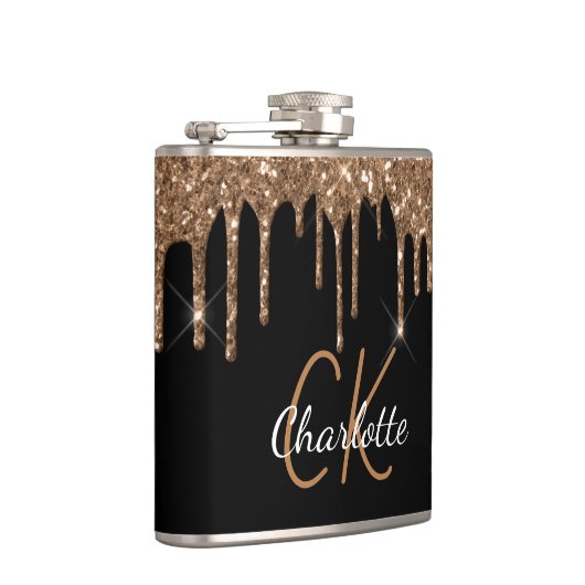 Zwarte goudglitter druppelt monogram glans heupfles (Rechts)