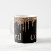 Zwarte goudglitter druppelt monogram glans koffiemok (Voorkant links)