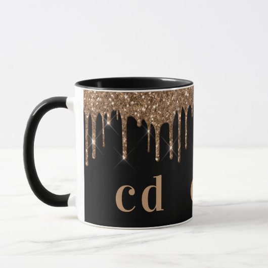 Zwarte goudglitter druppelt monogram glans mok (Links)