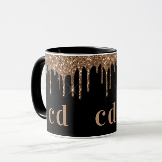 Zwarte goudglitter druppelt monogram glans mok (Voorkant links)