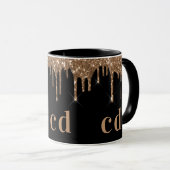 Zwarte goudglitter druppelt monogram glans mok (Voorkant rechts)