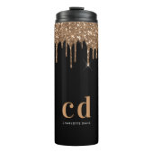 Zwarte goudglitter druppelt monogram glans thermosbeker (Voorkant)